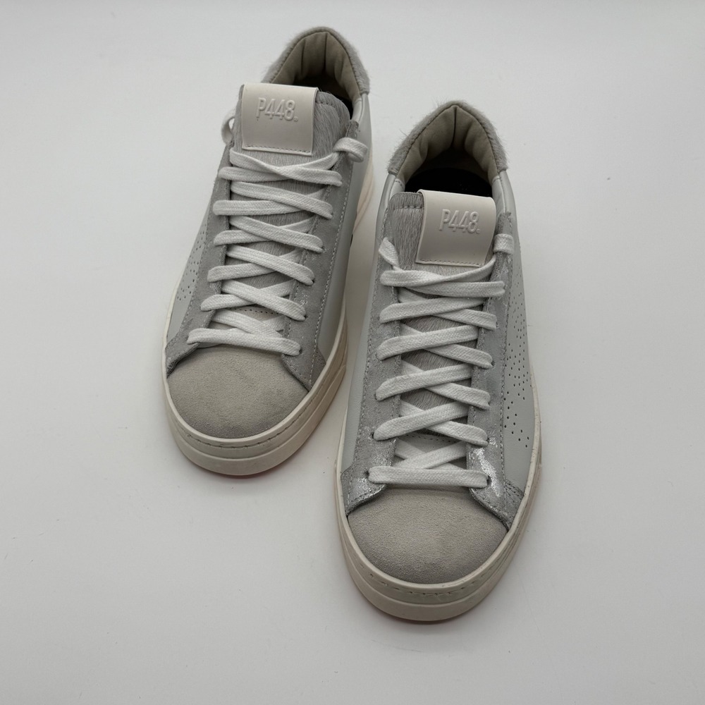 P448 John Sneakers Womens 36 6 Grey Leather Calf Hair Neon Pink Excellent
